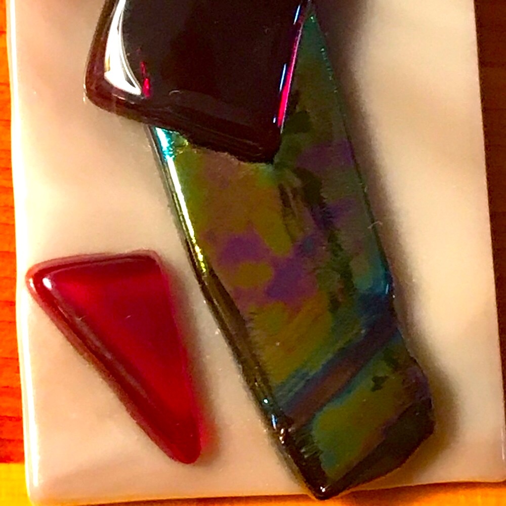 Eighties VTG Fused Glass Artisan Pendant Rectangle with Abstract Purples Shades